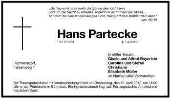 Traueranzeige von Hans Partecke von Pegnitz-Zeitung